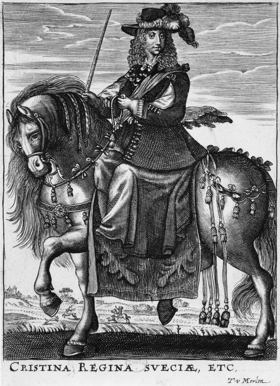 İsveç Kraliçesi Christina (1626-89) at sırtında by French School
