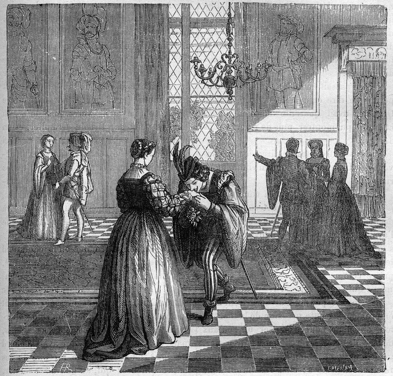 Navarre Kraliçesi Margarita (1492-1549) Pomini ile tanışır. Dr. Th tarafından “Antik çağlardan günümüze tüm dünya halkları arasında fuhuş ve sefahat tarihi”nde gravür. -F. Debray. 1879. by French School