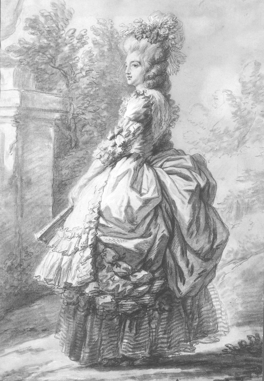 Kraliçe Marie-Antoinette (1755-93) bir bahçede yürüyüş, 1780 (kalem ve mürekkep yıkama ve kağıt üzerinde tebeşir) by French School