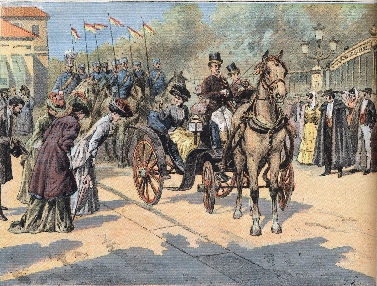 Kraliçe Marie Christine de Teschen (1858-1929), "Le Petit Parisien" gazetesinden Paris Yürüyüşlerinin kraliçelerini selamlıyor. by French School