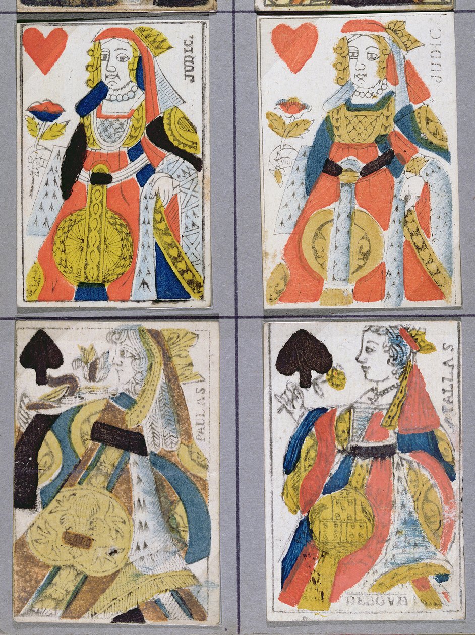 Maça Kızı ve Kupa Kızı Oyun kağıtları, 17. - 18. yüzyıl (renkli ahşap gravür) by French School