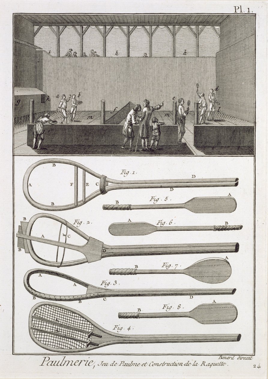 Gerçek tenis ve raket yapımı, Ansiklopediden Denis Diderot (1713-84), Robert Benard (d.1734) tarafından oyulmuş, c.1770 yayınlanmıştır by French School