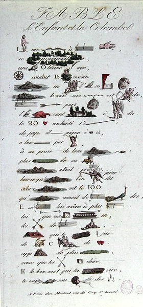 Çocuk ve Güvercin Masalını betimleyen Rebus, 19. yüzyılın başlarında (renkli gravür) by French School