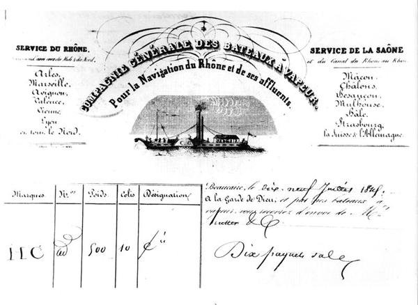 Compagnie Generale des Bateaux Vapeur Pour la Navigation du Rhone ve kolları tarafından verilen mallar için makbuz by French School