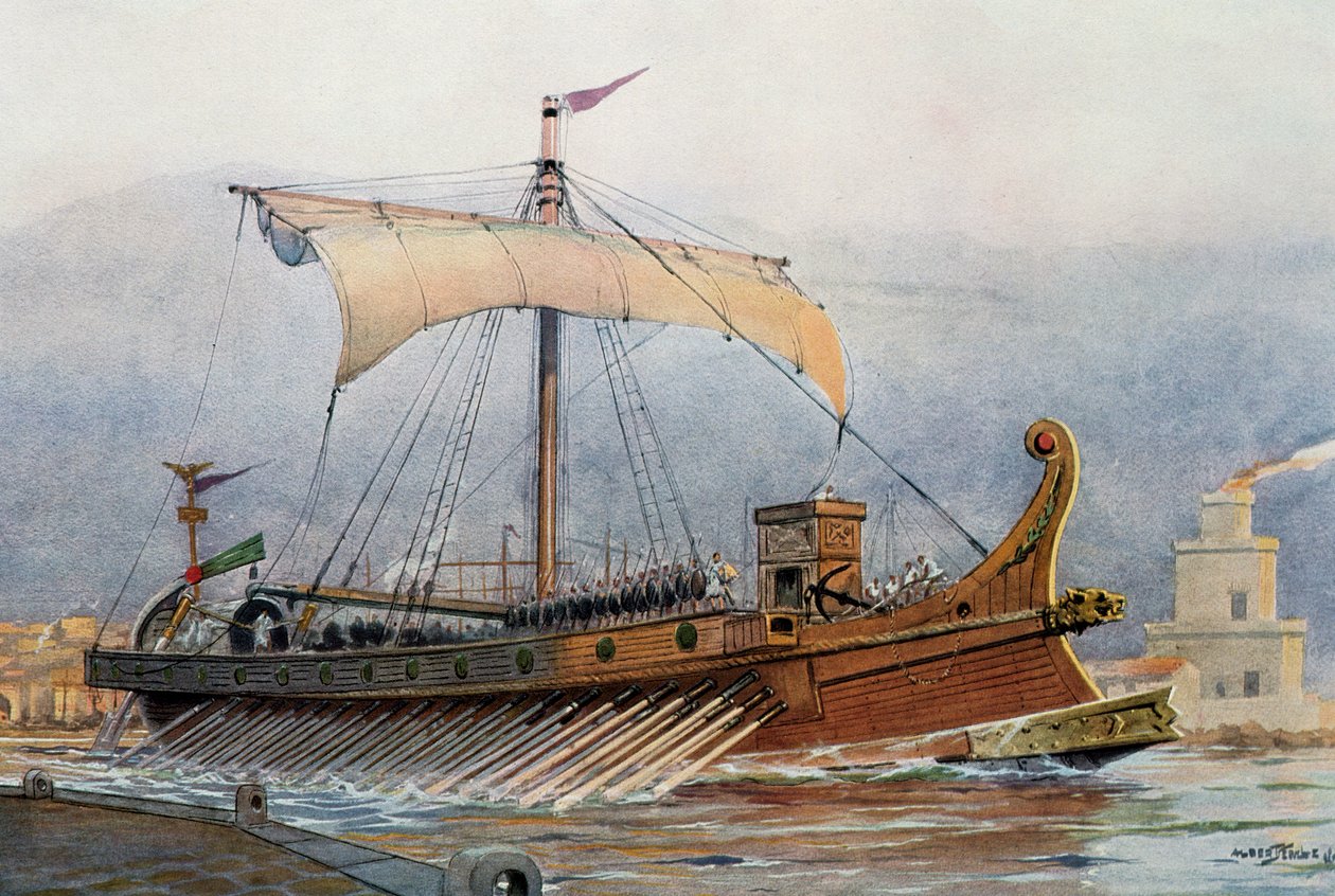 Cephanelikten ayrılan Roma gemisinin yeniden inşası, sulu boya, Fransa by French School