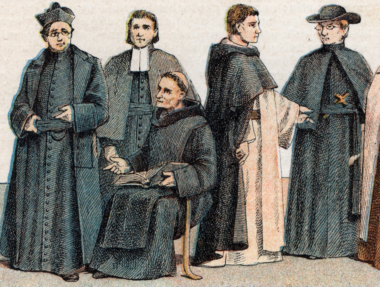 Dini kostümler: bir Cizvit, bir baba Mariste (Marcellin Champagnat), bir Benedictine keşişi, bir Dominik rahibi ve bir Oblate'nin gad portresinden - Gravür - Dini kostümler: soldan sağa, bir Cizvit portresi, bir Marist Brother, bir Benedictine pazartes by French School