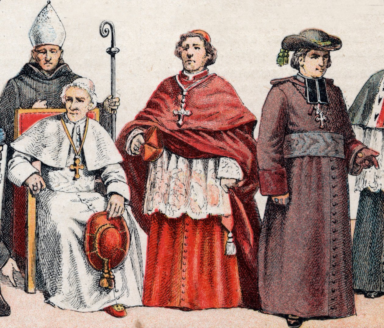 Dini kostümler: g'den d'ye kadar gönye takan ve piskoposluk kıçını tutan eveque, oturan Papa Leon XIII (Leone XIII), ön örgü şapında (veya cappa magna) bir kardinal ve bir eveque ceket - l'den r'ye, piskopos gönye ve crosier ile, Papa L by French School