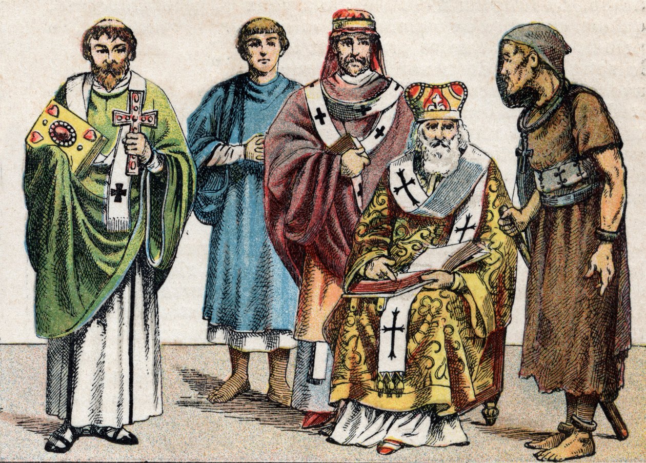 Antik Dönemde Dini Kostümler: Bir Bizans diyakonunun gad portresinden, birinci yüzyıldan bir Hıristiyan rahibinden, 5. yüzyıldan bir eveque, bir Bizans patriğinden ve bir anachorete - Gravür - Antik çağlarda dini kostümler: soldan sağa by French School
