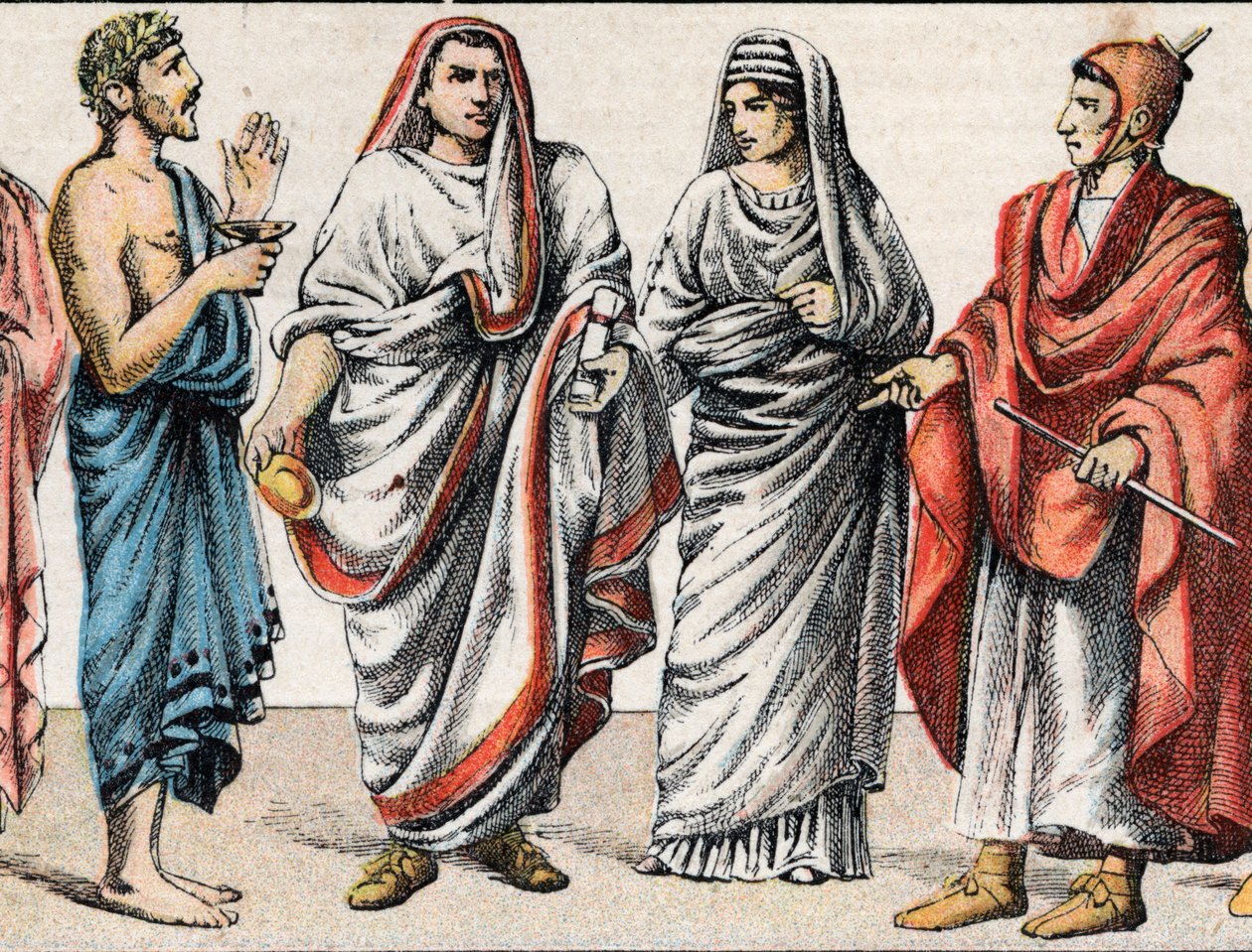 Antik Çağda dini kostümler: bir Yunan rahibin gad portresinden, kurban bakanı, antik Roma'da bir Büyük Papa (Pontifex maximus), bir rahibe, eski Roma'nın bir pretress ve bir flamingo (flamen) Roma rahibinin ibadetine adanmış Tanrı by French School