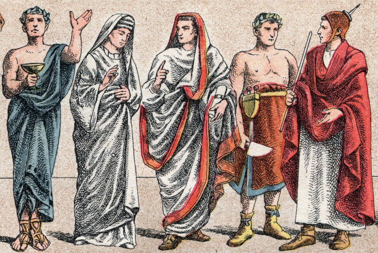 Antik Çağda Dini Kostümler: Bir Yunan rahibin gad portresi, kurban bakanı, bir rahibe, eski Roma'nın rahibesi ve eski Roma'da bir Büyük Papaz (Pontifex maximus), tapınmaya adanmış bir papa ve bir flamen (flamen) Roma rahibi O'nun by French School
