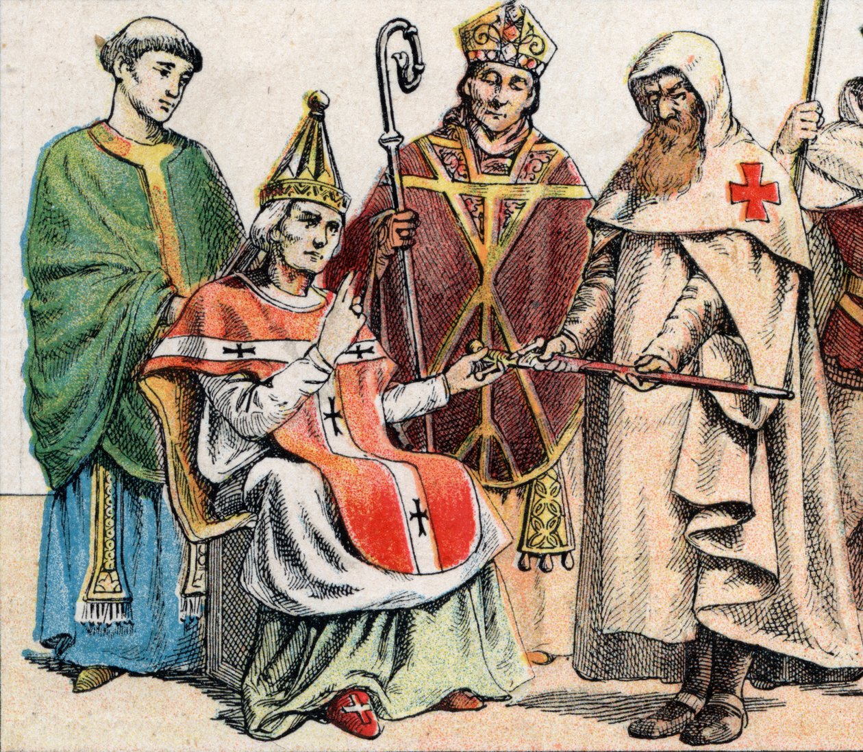 Orta Çağ'da dini kostümler: g'den 10. yüzyılın rahibine, 11. yüzyılda bir papaya, 12. yüzyıla kadar bir arif (gönye ve popo ile) ve Hospitallers Tarikatı'nın (St. . Kudüslü John) - Dini maliyet by French School