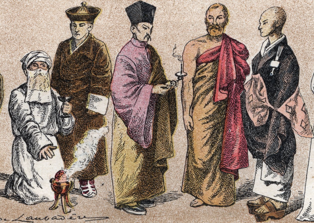 Asya'nın dini kostümleri: bir rahip Parsi'nin gad portresinden (parsizmin takipçisi), Lama (Tibet ruhani ustası), Çinli Budist rahip, Seylan bonze ve Japon Budist rahip - Gravür - Asya'daki dini kostümler: soldan teçhizata by French School