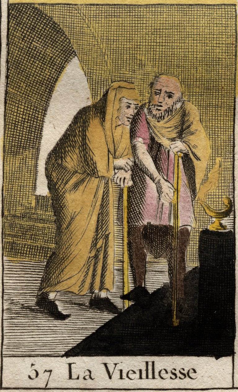 Yaşlılığın temsili, bir çubuğa yaslanmış yaşlı bir kadın. (Yaşlılık Temsili, bir çubuğa dayanır). Pierre Blanchard 1803