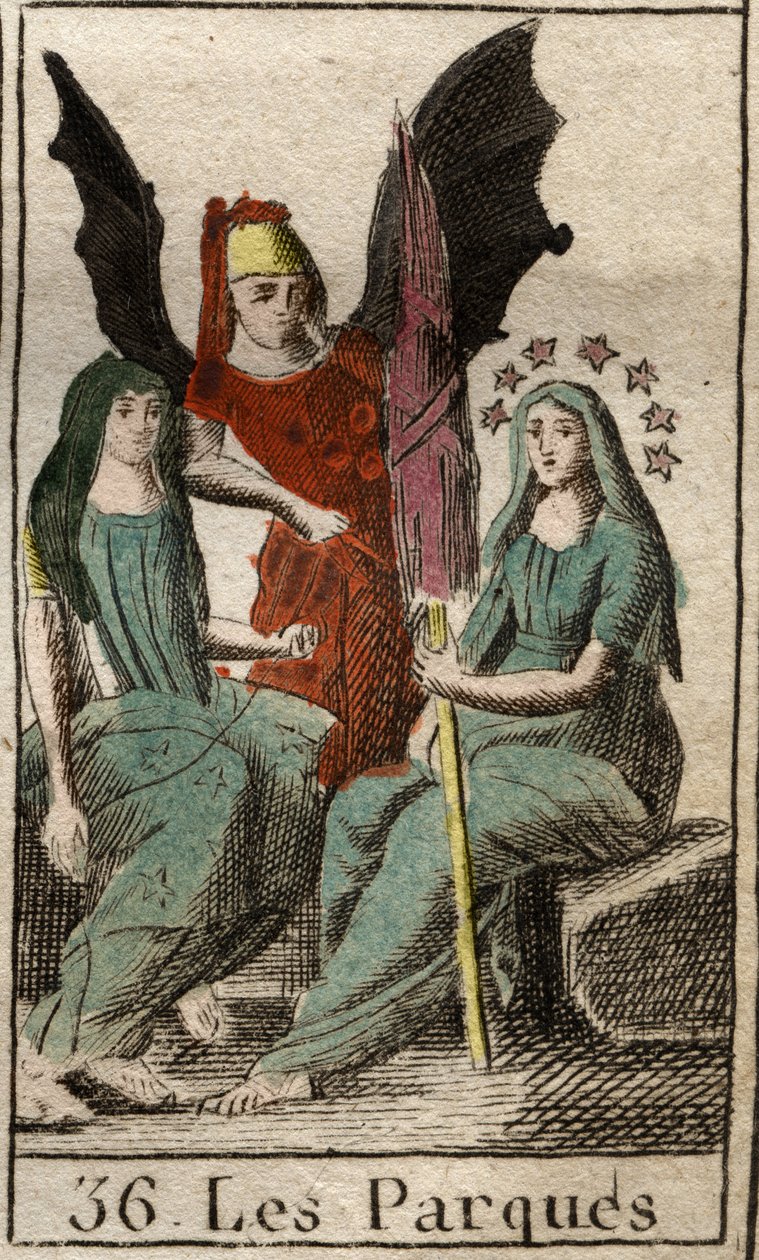 Doğumdan ölüme kadar insan kaderinin tanrıları olan Parques (Dolaplar), Clotho, Lachesis ve Atropos
