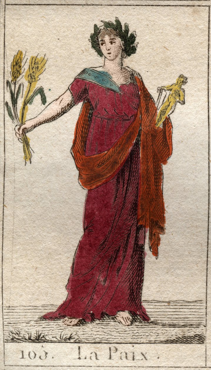 Barışın temsili, bir demet tutan defne ile taçlandırılmış bir kadın olarak. Pierre Blanchard 1803
