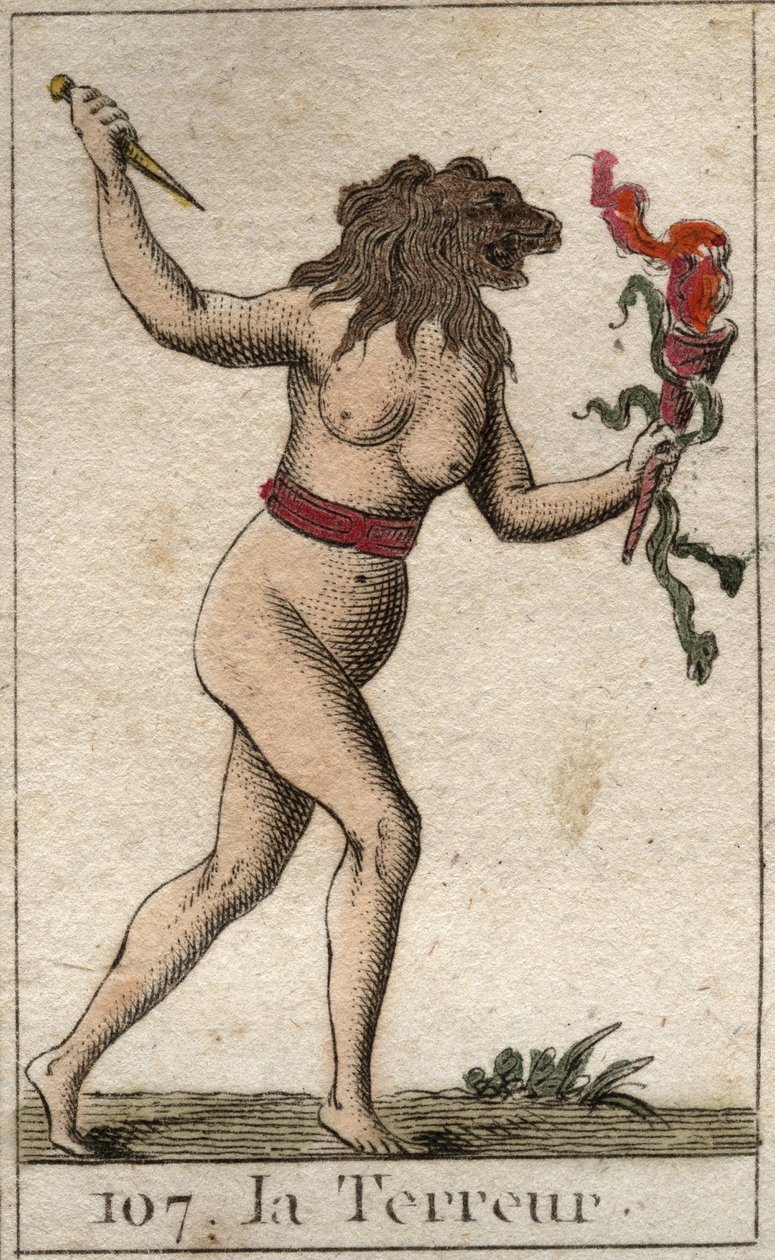 Terörün temsili, aslan başlı, elinde bıçak ve yılan tutan bir kadın olarak. Pierre Blanchard 1803
