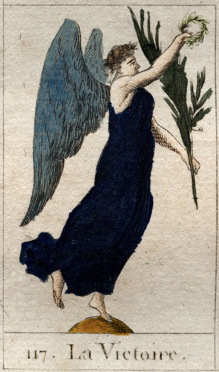 Zafer temsili, bir zeytin dalı ve bir defne çelengi tutan kadın aile. (Zafer, kanatlı bir kadın olarak bir zeytin dalı ve bir defne tacı tutar). Pierre Blanchard 1803