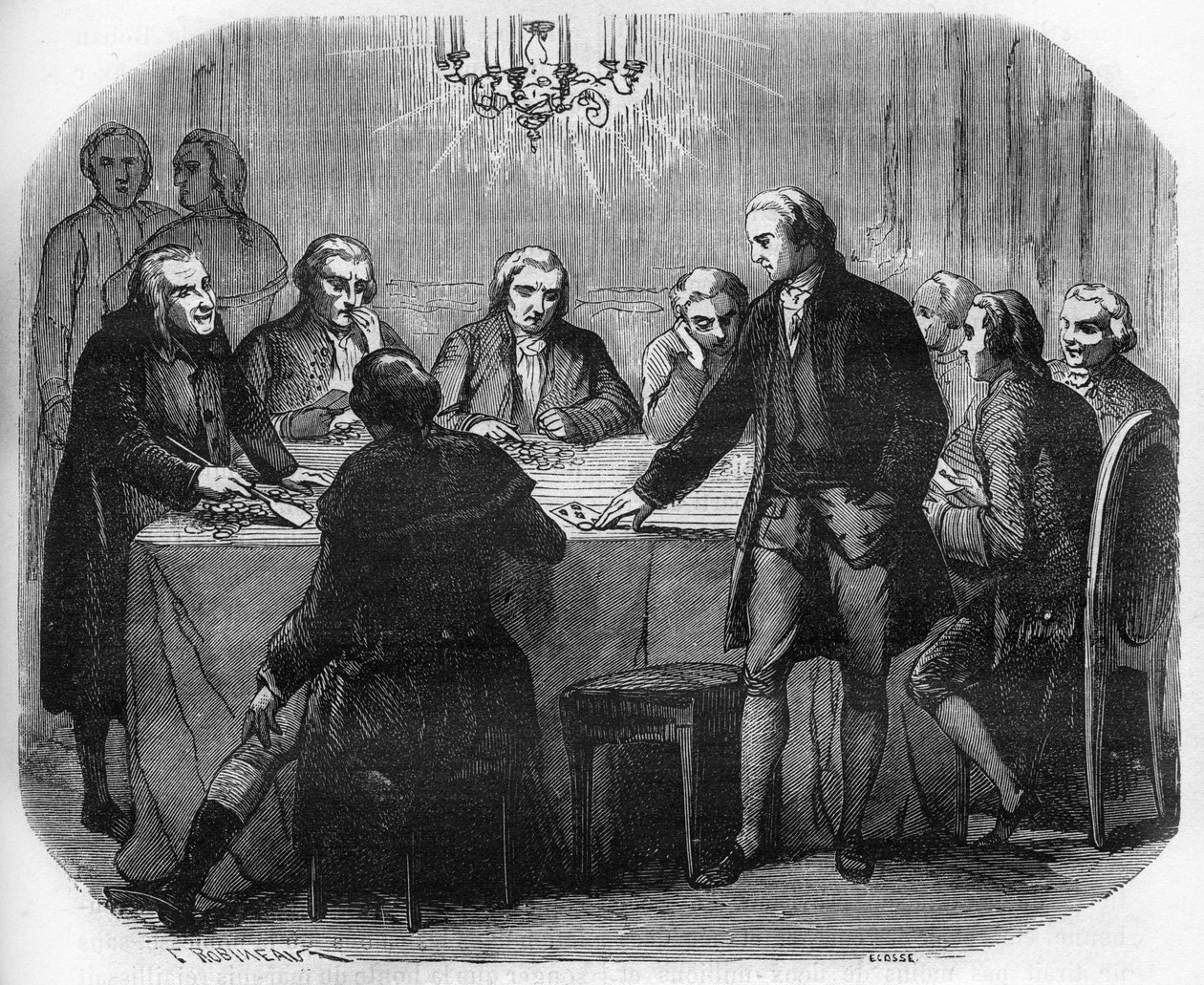 Louis XV altında bir oyun evinin temsili. Dr. Th tarafından “Antik çağlardan günümüze tüm dünya halkları arasında fuhuş ve sefahat tarihi”nde gravür. -F. Debray by French School