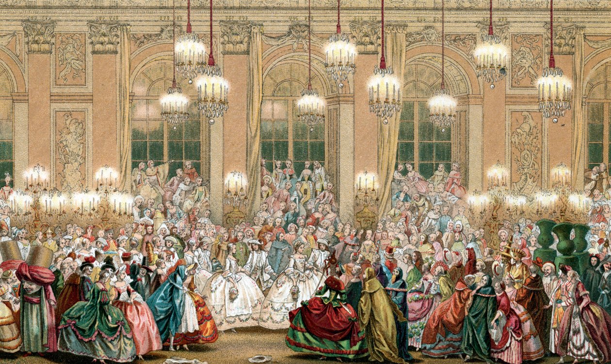 Kral Louis XV'in sarayında bir maskeli balo temsili by French School