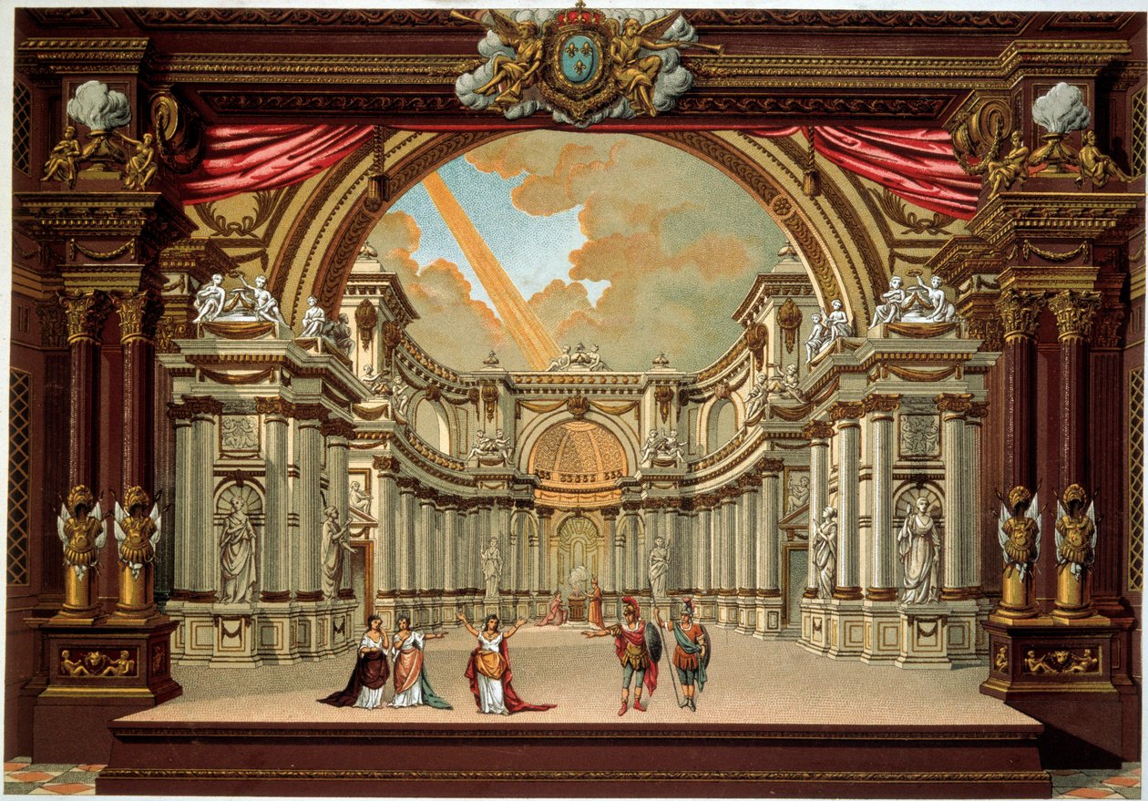 Jean Baptiste Poquelin dit Moliere (1622-1673) tarafından Versailles şatosunun tiyatrosunda bir oyunun temsili. 19. yüzyılın litografisi. Dekoratif Sanatlar, Paris by French School