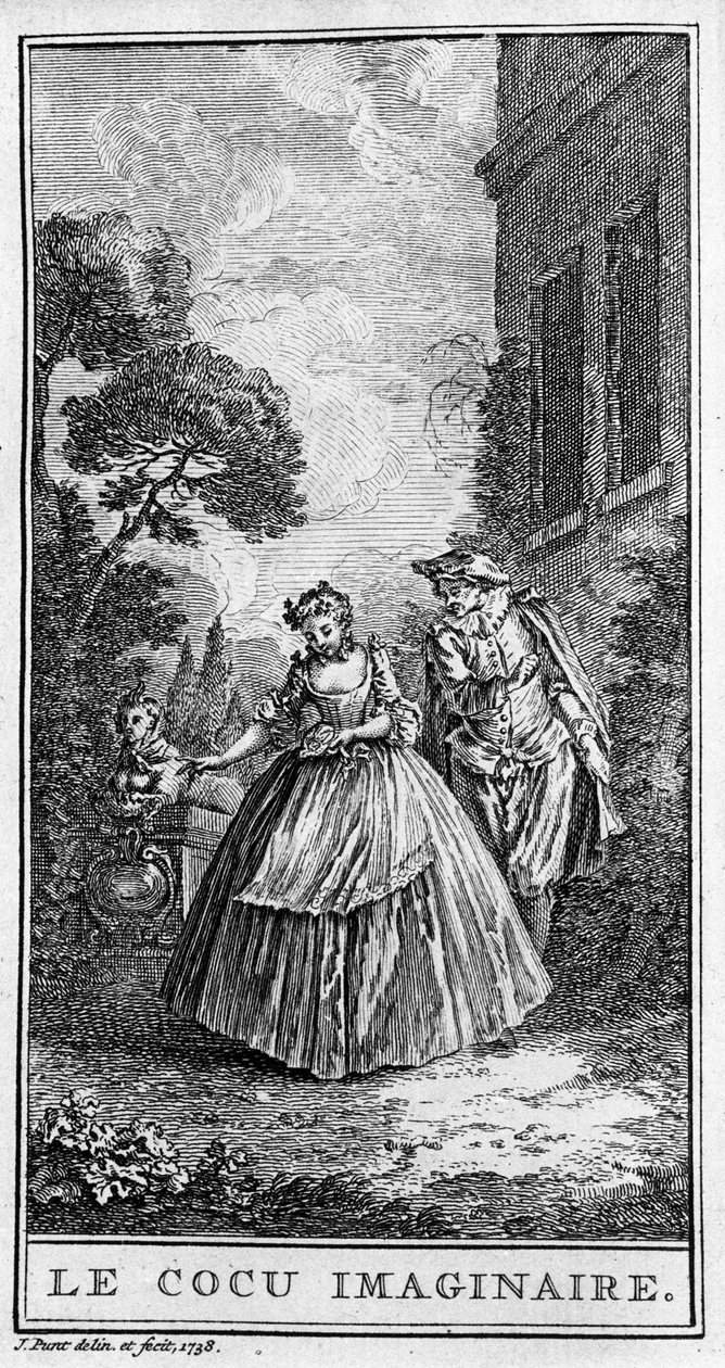 Jean Baptiste Poquelin dit Moliere (1622-1673) tarafından "" Sganarelle ou le cuckold imaginaire" (1660) adlı parçadan bir sahnenin temsili. 1738