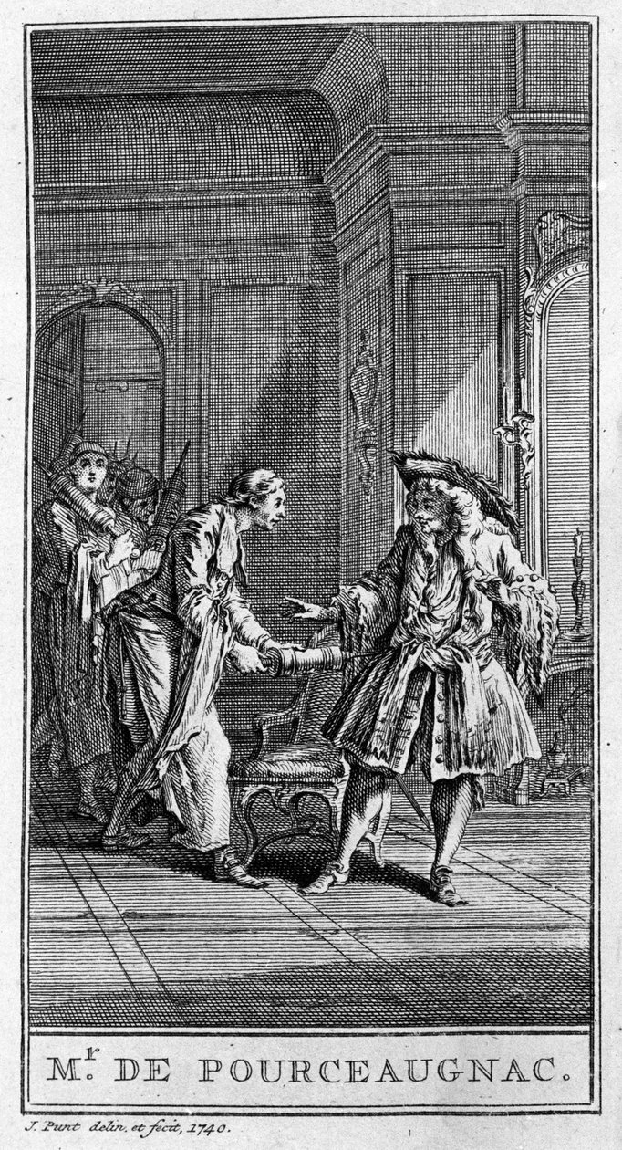 Jean Baptiste Poquelin dit Moliere (1622-1673) tarafından yazılan “Mösyö de Pourceaugnac” (1669) adlı parçanın bir sahnesinin temsili. 1740