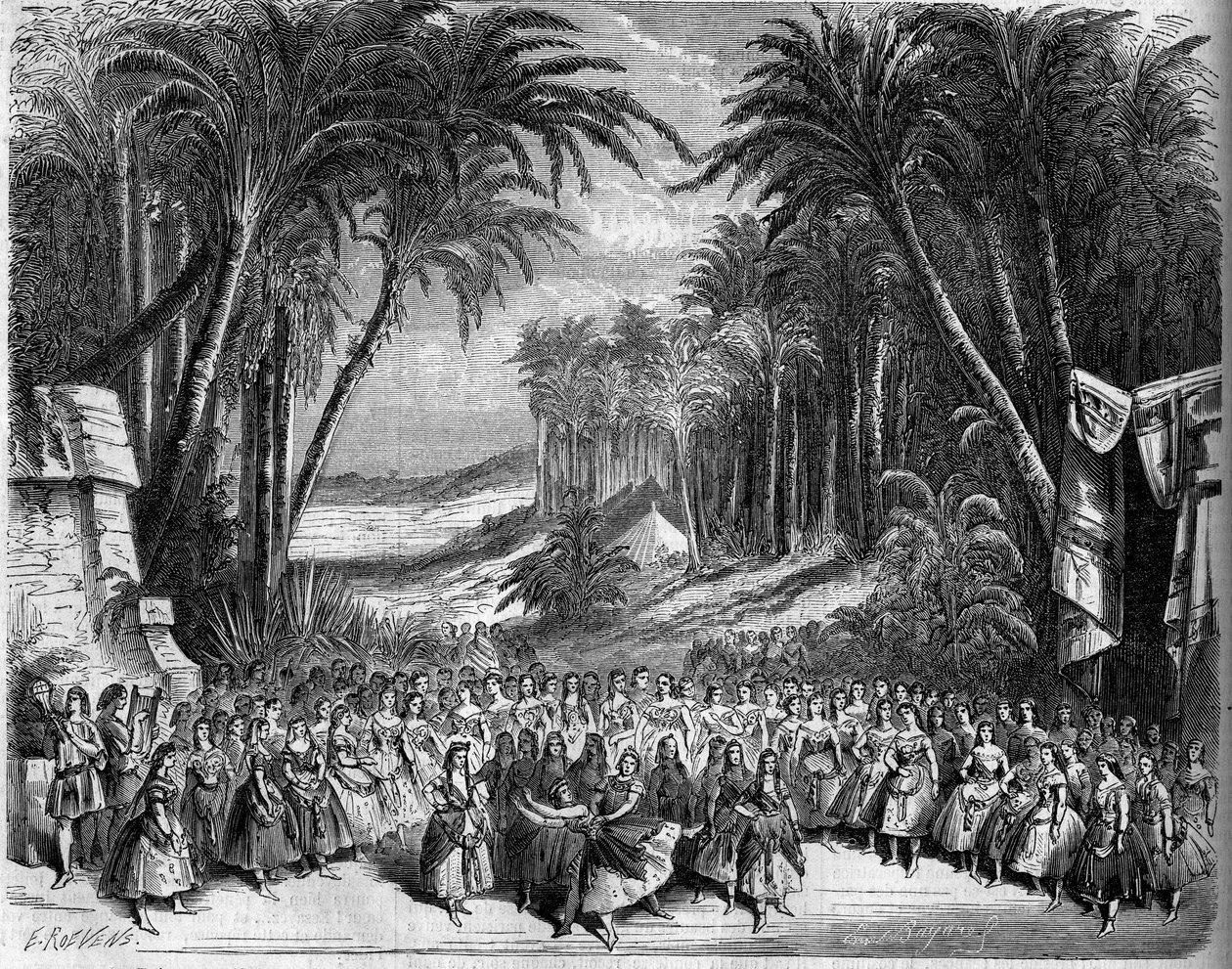 Bir opera temsili: Michel Carre (1819-1872) ve Jules Barbier (1822-1901) tarafından bir libretto ve Charles Gounod (1818-1893) tarafından bir müzik üzerinde “Saba Kraliçesi”nin II. Perdesinin senografisi. Paris, Tiyatro de l