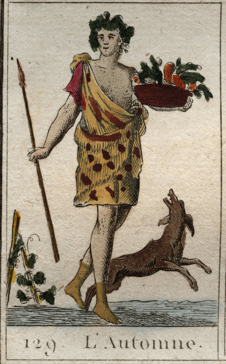 Sonbahar mevsiminin Vertumne elinde bir köpekle meyve sepeti olarak temsili. (Yaz, bir köpekle meyve sepeti tutan Vertumnus olarak temsil edilir). Pierre Blanchard 1803