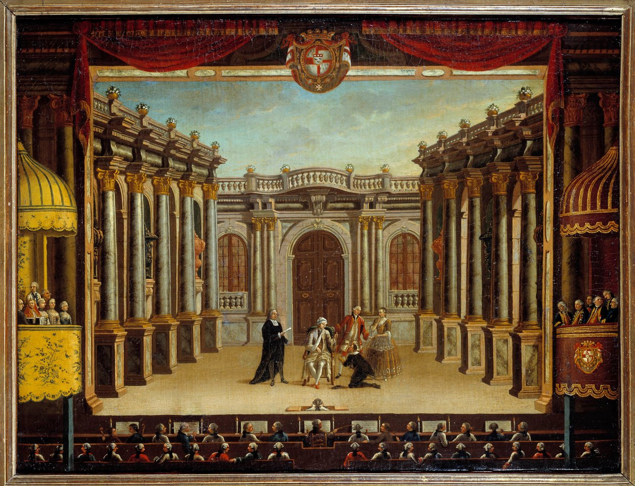 Jean Baptiste Poquelin dit Moliere (1622-1673) tarafından İspanya Minorka Tiyatrosu'nda “Hayali Malad”ın temsili; sahnenin görünümü. anonim resim by French School