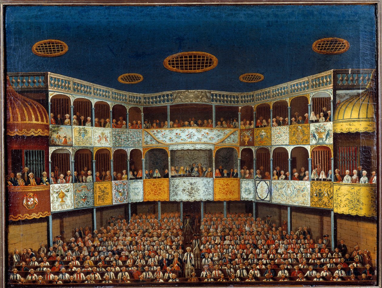 Jean Baptiste Poquelin dit Moliere (1622-1673) tarafından İspanya'daki Minorka Tiyatrosu'nda “Hayali Malad”ın temsili; Salonun ve seyircilerin görünümü. 18. yüzyılın resmi. Paris, Dekoratif Sanatlar by French School