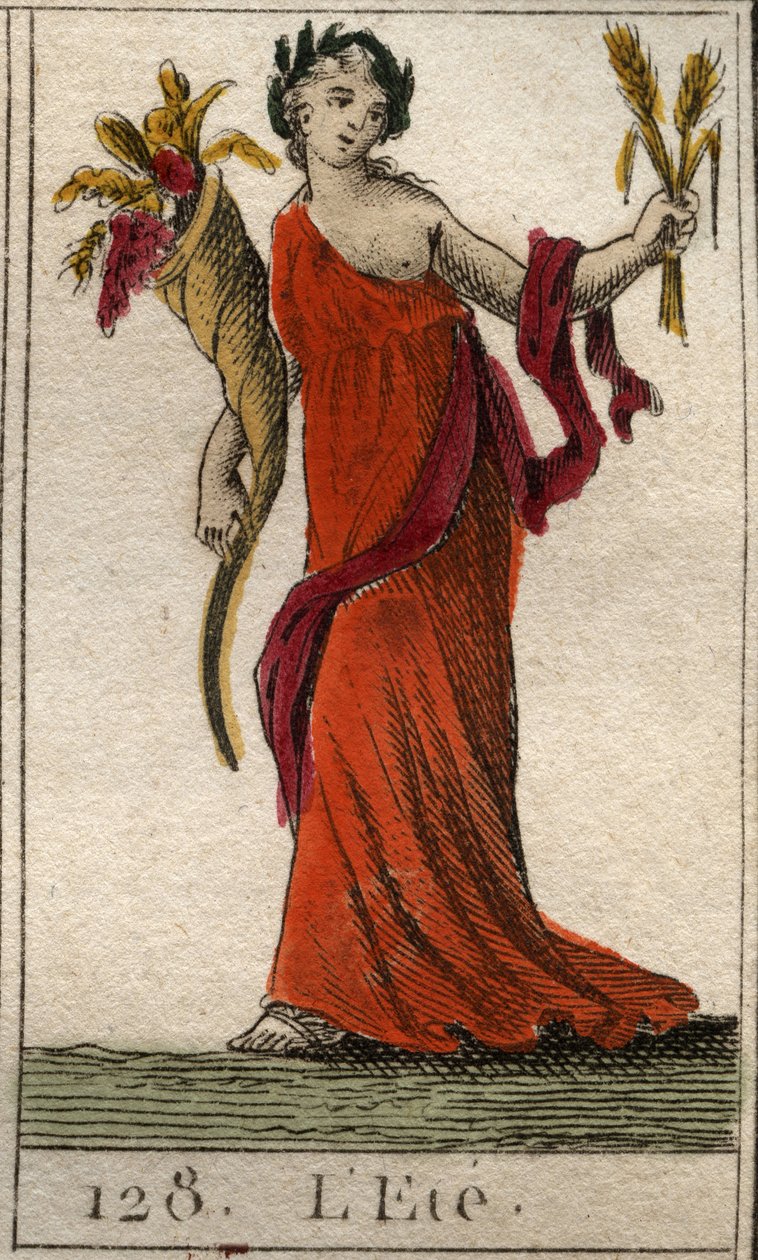 Yaz mevsiminin bir buğday çelengi ve bir bereket boynuzu tutan Ceres olarak temsili. (Yaz, bir yaprak ve bir bereket tutan Ceres olarak temsil edilir). Pierre Blanchard 1803