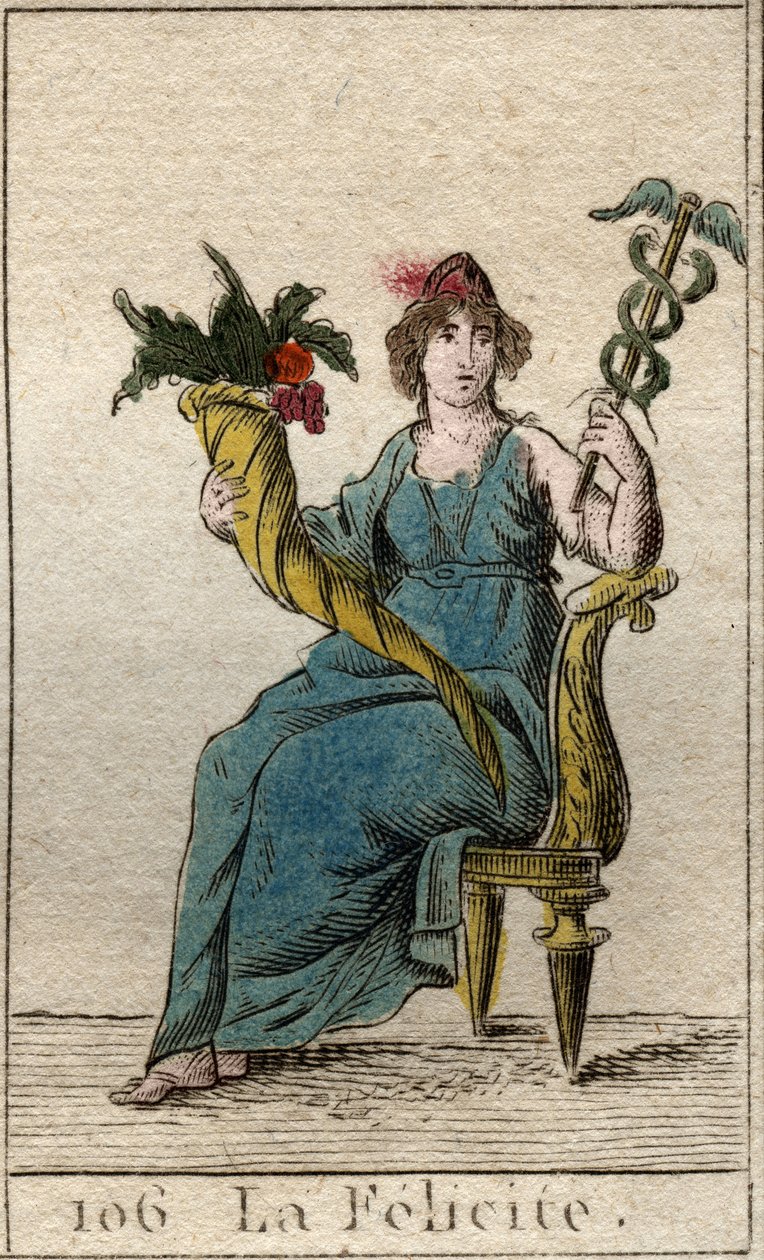 Bir eliyle yaprak döken ve diğeriyle bereket boynuzu tutan Felicity (veya Eudemonia) tanrısının temsili (Mutluluğun Temsili (saadet), caduceas ve bereket tutan bir kadın olarak). Pierre Blancha
