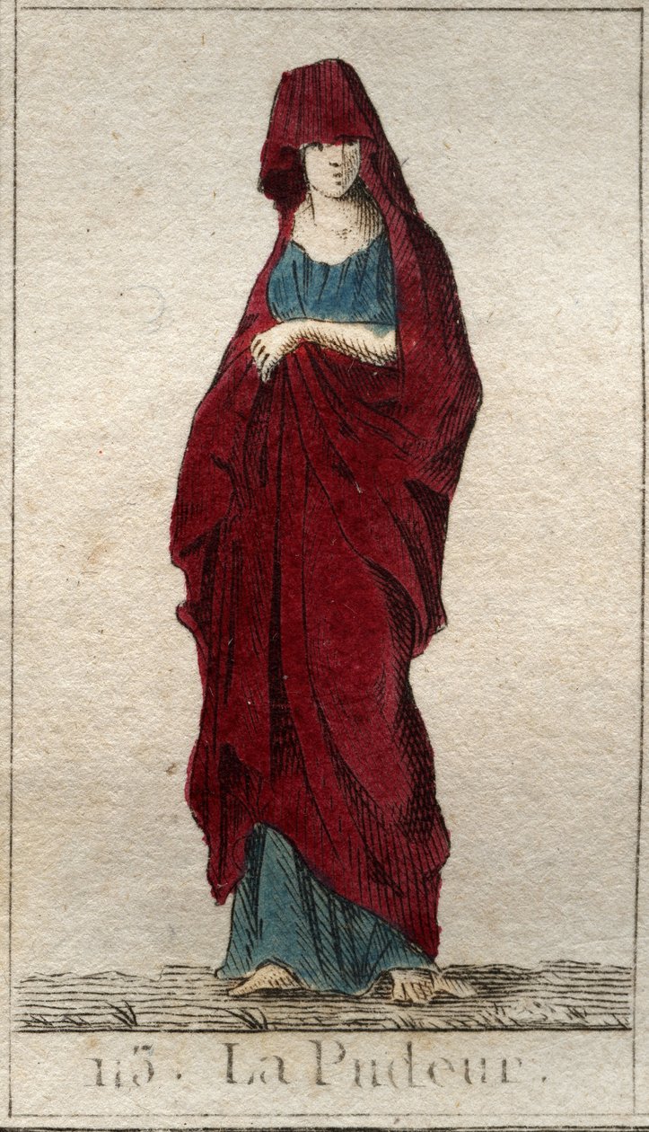 Alçakgönüllülük tanrısının temsili, yüzü peçeyle kaplı genç bir kadın. (Prudishness Temsili, peçeli bir kadın olarak). Pierre Blanchard 1803