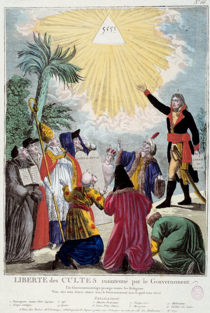 Napolyon Bonapart (1769-1821) tarafından sağlanan tüm dinlerin ibadet özgürlüğünün temsili: ilk Konsül, her dinin temsilcileri tarafından gelen Tanrı