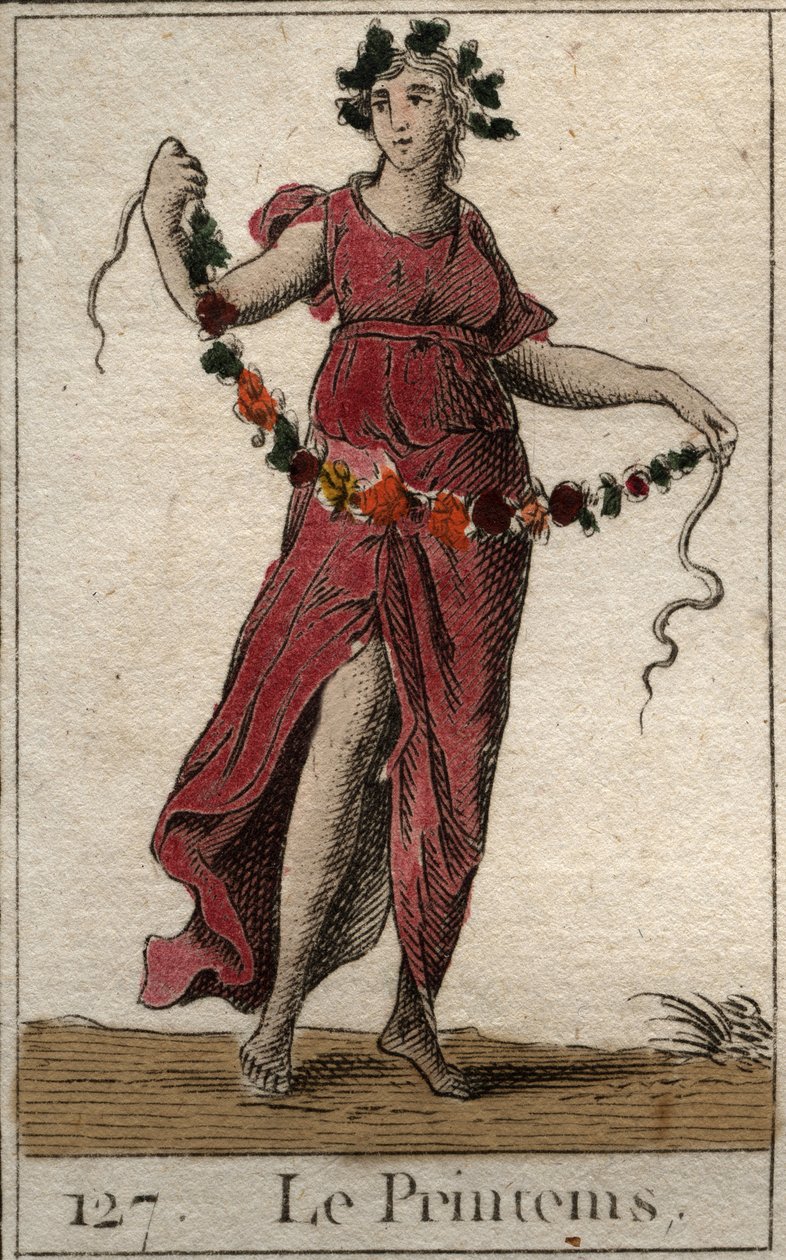 Bir çiçek çelenk tutan Flora çizgileri altında bahar mevsiminin temsili. (Bahar, çiçek çelenk tutan Flora olarak temsil edilir). Pierre Blanchard 1803