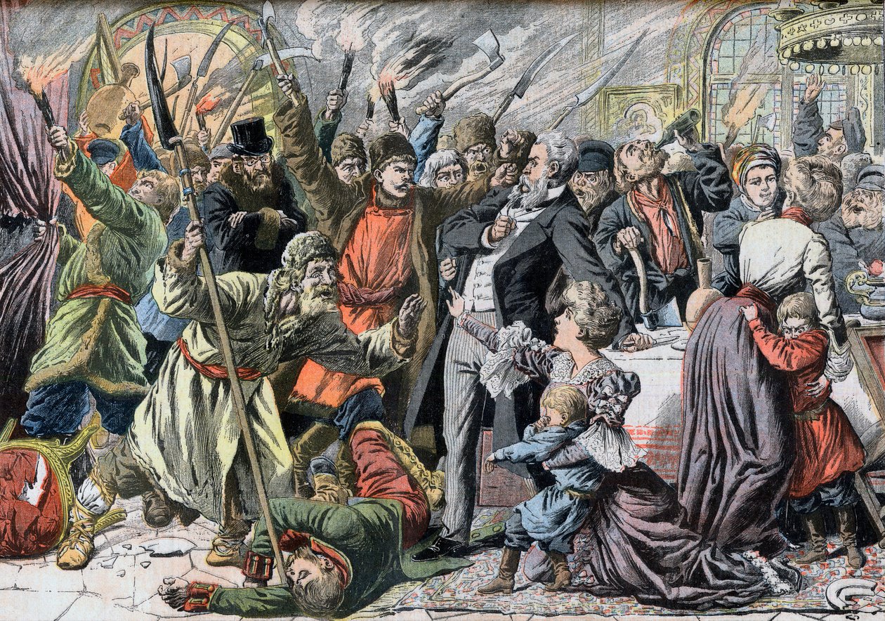 1905 Devrimi - Bir kır evini işgal eden isyancı Rus köylüleri. Rus eyaletlerinde Jacquerie. Rus köylüleri tarafından bir kalenin işgali isyanları. Le petit Journal için illüstrasyon, 2 Nisan 1905. by French School