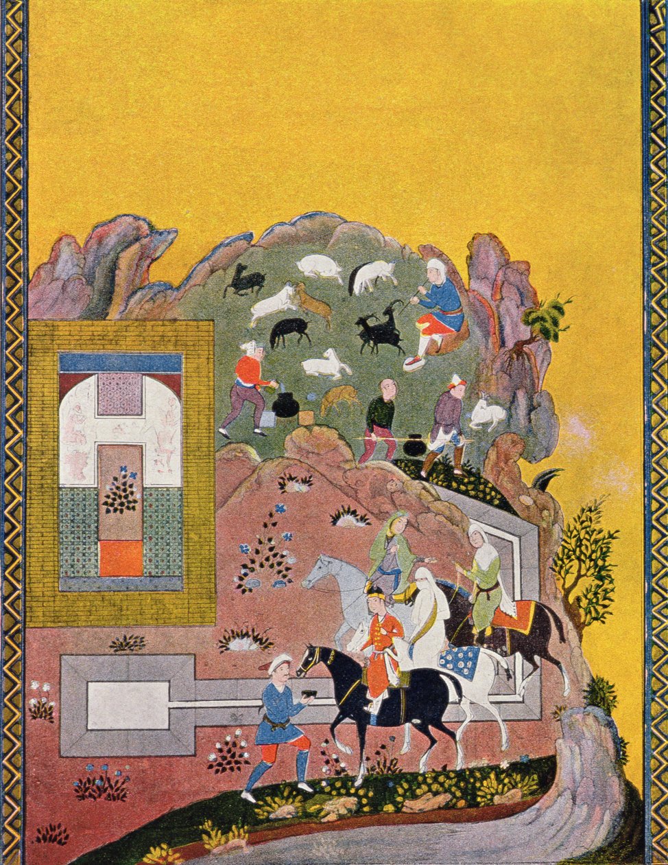 Binici ve haremi, Binbir Gece Masalları için illüstrasyon, 1895 (renkli gravür) by French School