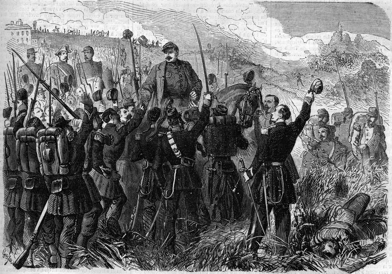 Risorgimento - Montebello della Battaglia Muharebesi (İtalya), 21 Mayıs 1859: İtalyan ordusunun komutanı Fransız general Elie Frederic Forey (1804 - 1872), Avusturya ordusuna karşı kazandığı zaferin ardından askerleri tarafından galip geldi. "" Le Monde Il by French School