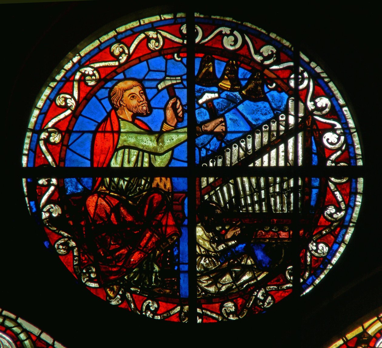 Bir organ ve çanları gösteren rozet pencere by French School
