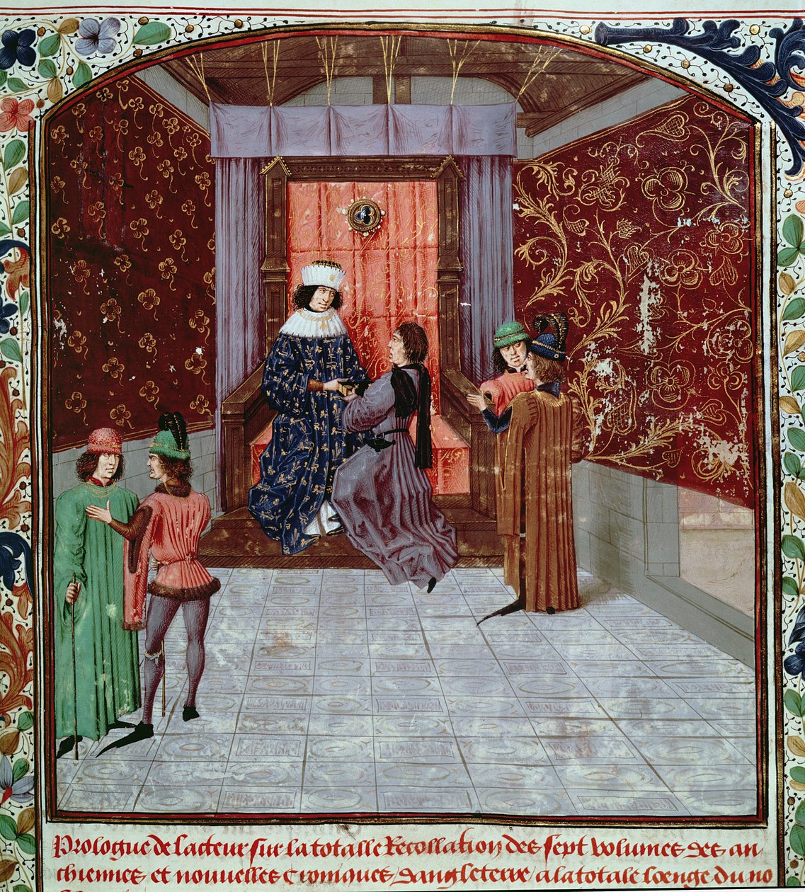 Roy 15 E IV f.14 Edward IV, kitabı yazardan alırken, Anciennes Chroniques d