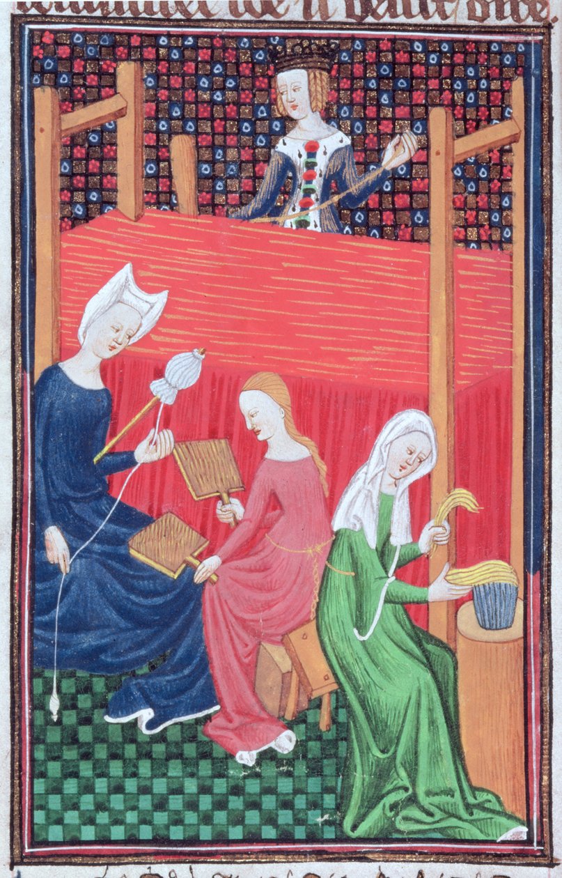 Roy 16 G V f.56 Gaia Caecilia veya Tanaquil, dokuma tezgâhı ve eğiren kadınlar, 