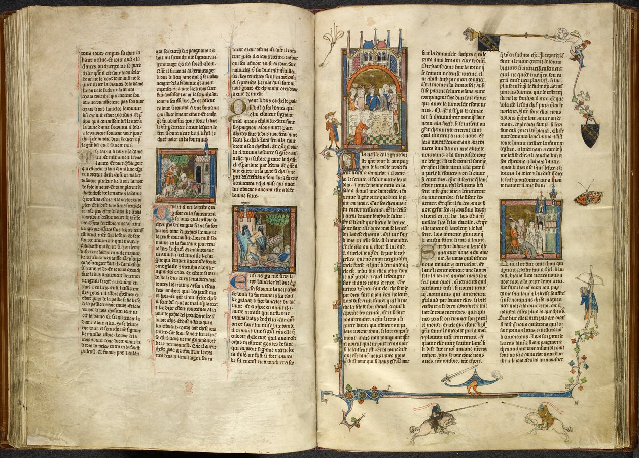 Royal 14 E. III, ff.88v-89 Lancelot, başı kesilmiş dedesi kralın kafasını kaynayan bir kuyudan çıkarırken; iki şövalyenin üzerine çöken bir bina. Sağda, 'Estoire del Saint Graal'dan bir ziyafette oturan Arthur ve Guinevere'nin minyatürü, by French School