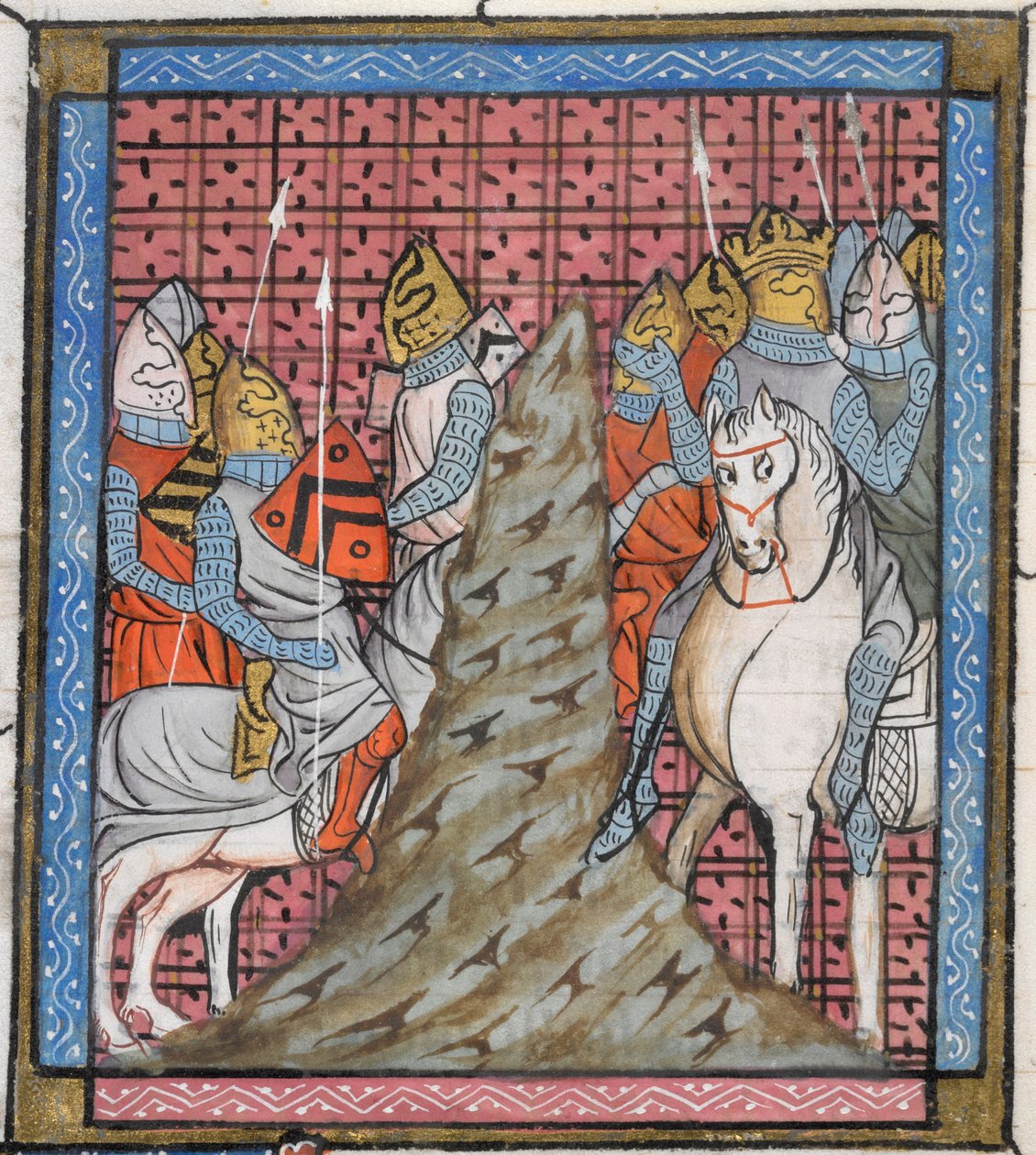 Royal 16 G. VI, f.317v Haçlı ordusunun bir dağı geçerken bölünmesinin bir minyatürünün detayı, 