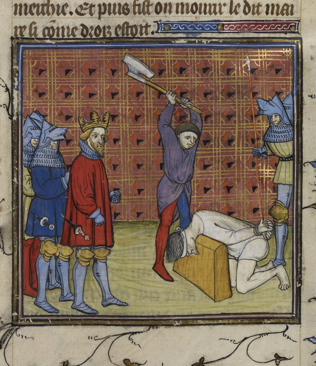 Royal 20 C. VII f.134v Fransız soylularına karşı Jacquerie ayaklanmasının liderleri, Navarre Kralı'nın emriyle, 'Chroniques de France ou de St Denis'ten (parşömen üzerine mürekkep, renk ve altın) başlarını kestiler. by French School