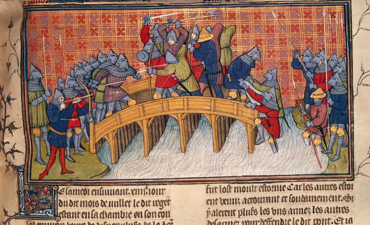 Kraliyet 20 C. VII, fol.137 Yüz Yıl Savaşı sırasında Seine Köprüsü