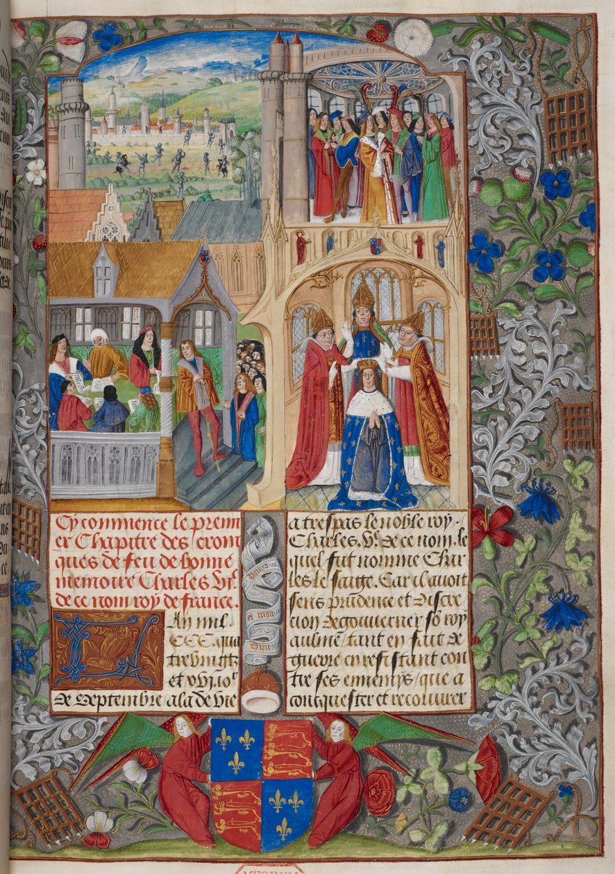 Royal 20 E. V, f.8 Charles VII'nin taç giyme töreni, 'Chroniques de France ou de Saint Denis' 1487'den sahneler (parşömen) by French School
