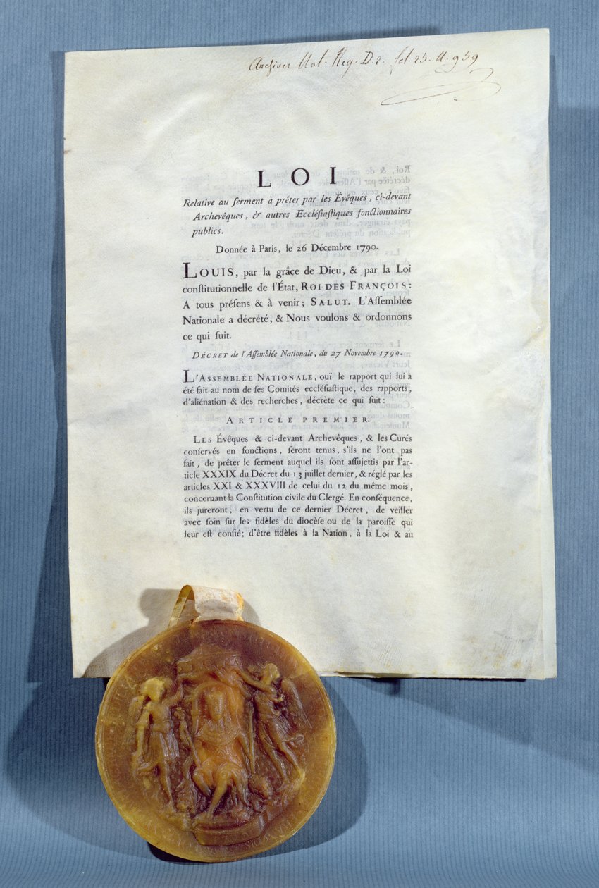 Fransız piskopos ve rahiplerin Ruhbanların Sivil Anayasasına bağlılık yemini etme yükümlülüğünü onaylayan Louis XVI Kraliyet Kararnamesi, 16 Aralık 1790 (basılı kağıt ve mum mühür) by French School