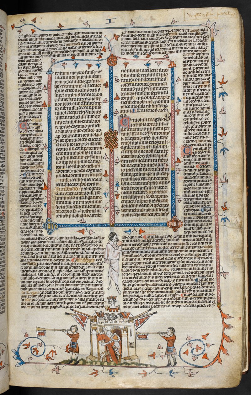 Royal MS 10 E IV f.66r, bir şatodan çıkan atlı bir şövalyenin alt sayfa sahnesi, c.1300-40 (parşömen üzerine kalem ve mürekkep ve tempera) by French School