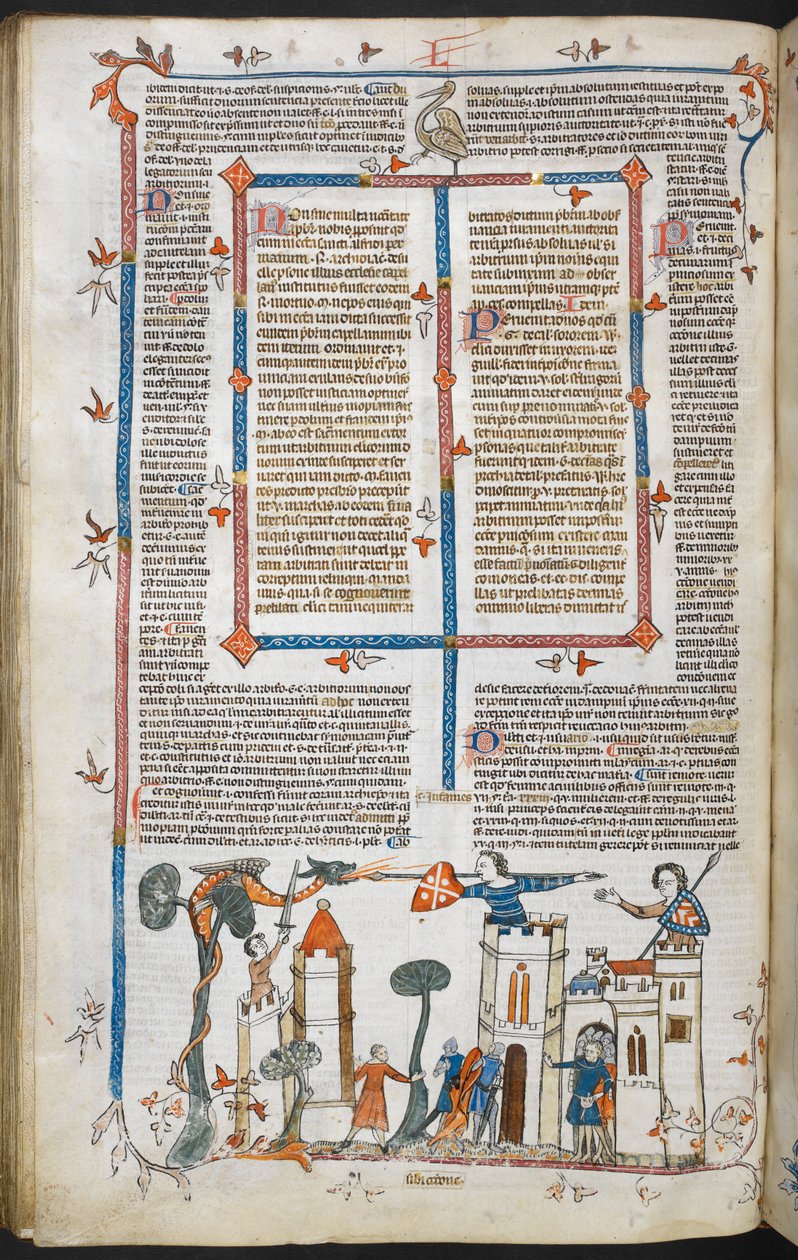 Royal MS 10 E IV f.88v, bir şatoya saldıran bir ejderhanın alt sayfa sahnesi, c.1300-40 (parşömen üzerine kalem ve mürekkep ve tempera) by French School