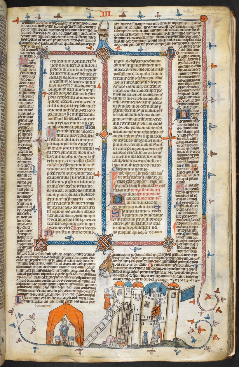 Royal MS 10 iv f.202r Müstahkem bir Kaleye Saldırmak ve Marjinal Dekorasyon, 